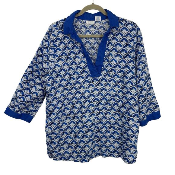 Sigrid Olsen Linen Tunic Size Large Blue Pattern V Neck 3/4 Sleeve Pullover - Picture 8 of 8